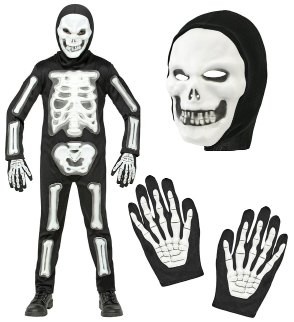 Skelet pak 3D kinderen met los skeletmasker in zwarte capuchon en handschoenen met witte handbotjes