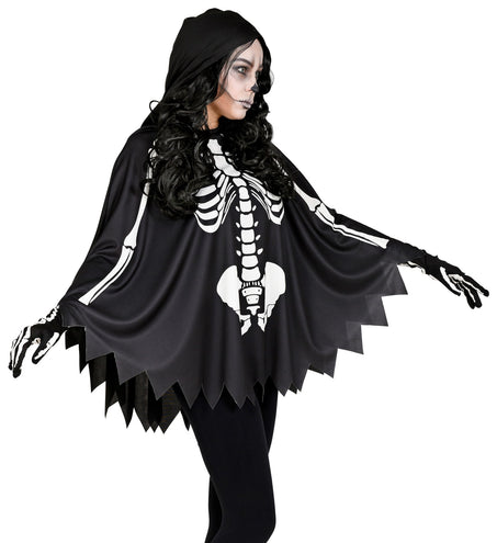 Skelet poncho zijaanzicht met wijd vallende mouwvlakken en witte armbotten op zwart polyester