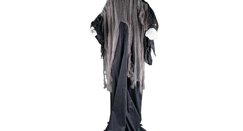 Skelet pop van 200 cm met wit schedelmasker, zwarte capuchon en grijze gerafelde lappen voor Halloween