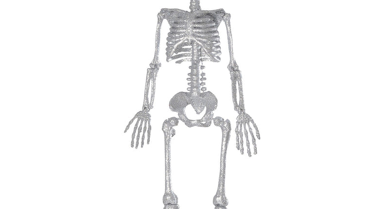 Skelet met zilverkleurige glitter van 92 cm aan een ophangdraad, als halloweendecoratie