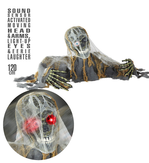 Skelet zombie groundbreaker met bewegend hoofd, grijs gerafeld doek, skelethanden en rood oplichtende ogen