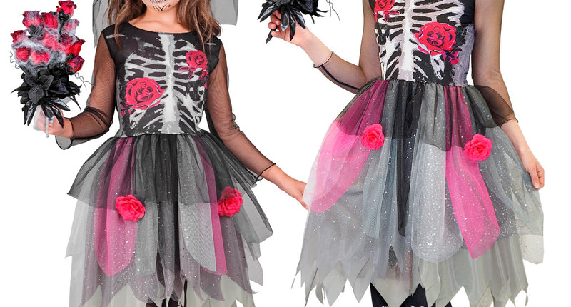 Skeletjurk met rozen Jenu voor meisjes, zwarte jurk met botopdruk en tulerok, in twee maten voor Halloween