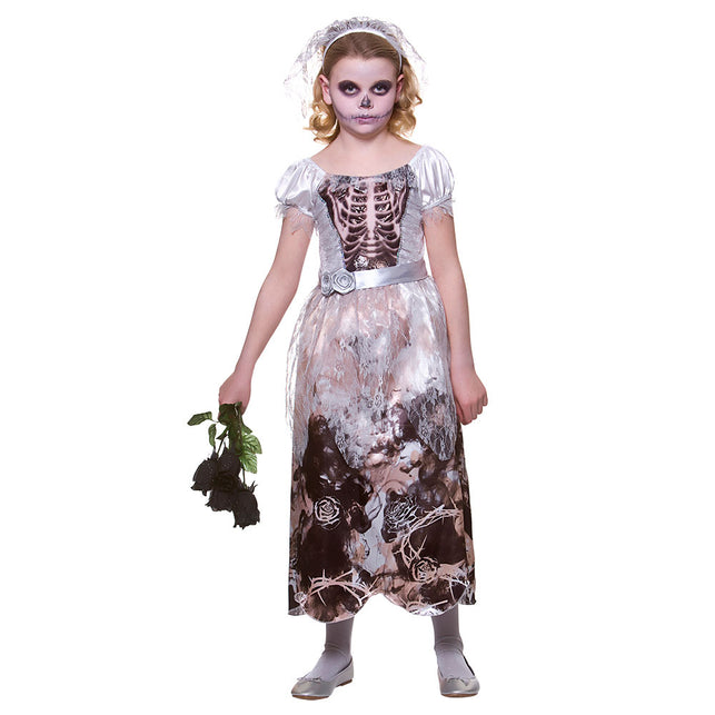 Skeleton bruidsjurk Eva voor meisjes met ribbenkastprint en rozenprint op de rok, voor Halloween