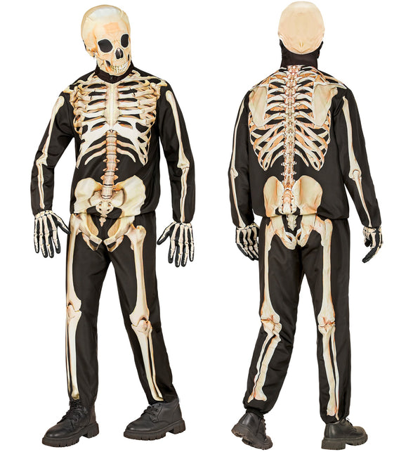 Skelettenpak kind met ribbenkast op de jas en beenbotten op de broek, van voren en van achteren