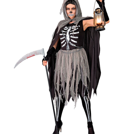 Skelety grimreaper jurk dames met zilvergrijze ribbenkastprint en ketting om het middel