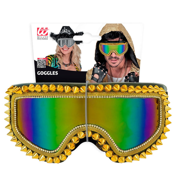 Ski-bril 80's goud Anouk op verpakkingskaart, feestbril met gouden studs en regenbooglens