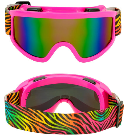 Ski-bril 80's roze met regenboog spiegelglas en tijgerprint band, voor- en achterzijde