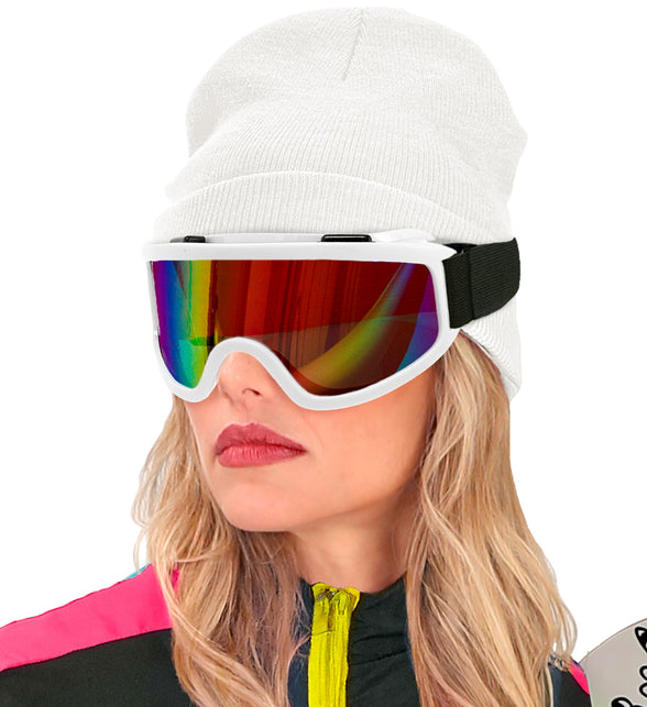 Ski-bril 80's wit Yara zijaanzicht met zwarte band over een witte muts