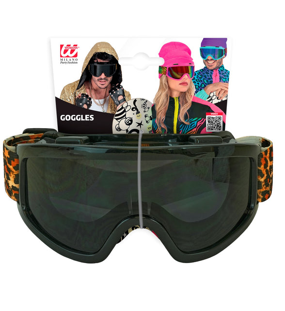 Ski-bril 80's zwart luipaardprint Jesse in verpakking van Widmann met donkergetint vizier