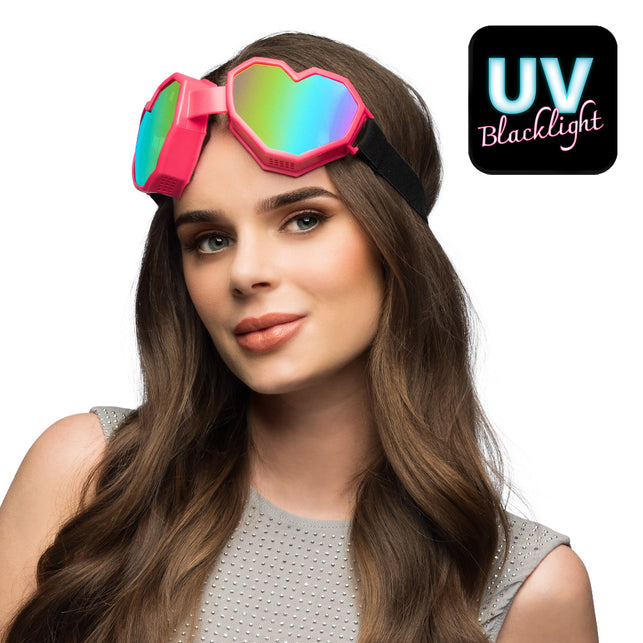 Ski bril Festilove roze hartjes met regenboogglazen, hoog op het hoofd gedragen, uv-reactief