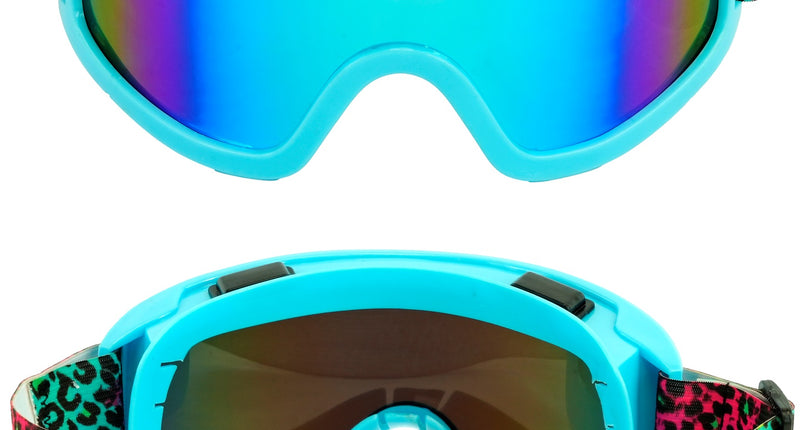Skibril 80's blauw met regenboogspiegellens en luipaardprint band, voor- en achterkant