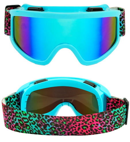 Skibril 80's blauw met regenboogspiegellens en luipaardprint band, voor- en achterkant