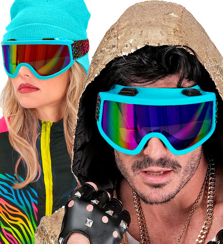 Skibril blauw regenboog gedragen door dame en heer op een 80's-themafeest