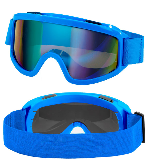 Skibril blauw met spiegelend glas en blauwe elastieken band, zij- en achteraanzicht