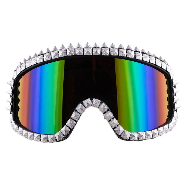 Skibril met strass steentjes zilver, vooraanzicht met studs rond zwart montuur en spiegelglas