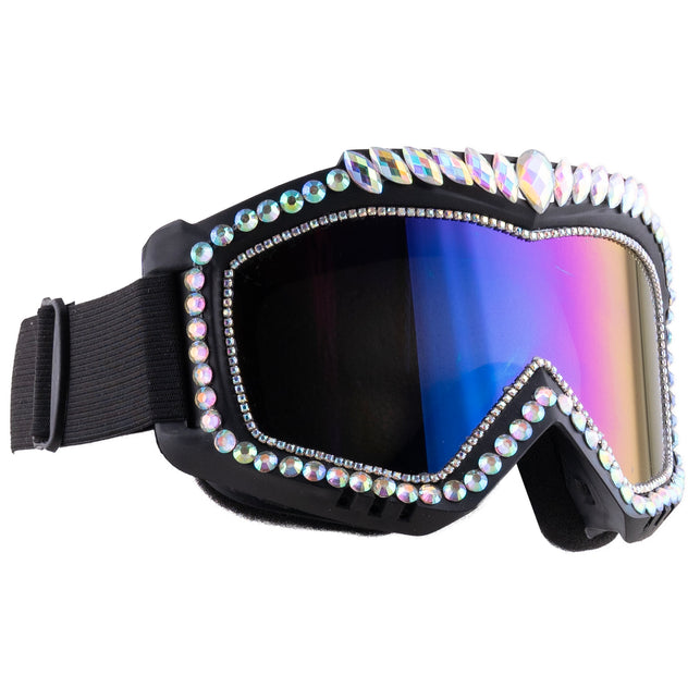 Skibril met strass zijaanzicht met brede zwarte elastische band en paars-gouden spiegelglas