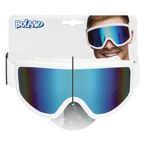 Skibril wit unisex van Boland op verkoopkaart met spiegelend blauw glas