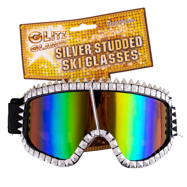 Skibril met zilveren studs van Funny Fashion op verpakkingskaart, met regenboog spiegelglas