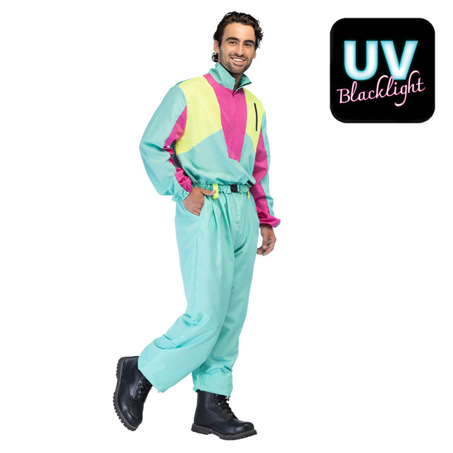 Skipak Snow Blizzard Dude heren, mintgroene jumpsuit met neonroze en gele vlakken en riem, voor aprèsskifeest
