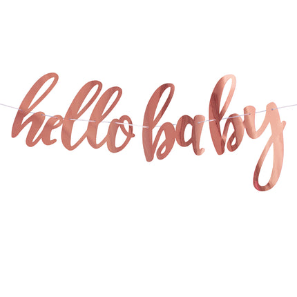 Slinger Hello Baby in rosé goud, papieren schrijfletters aan een wit koord voor een babyshower