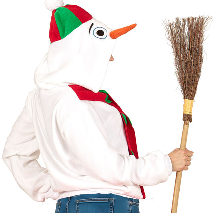 Sneeuwpop pak unisex van achter en zijkant, capuchon met oranje wortelneus en witte pompon