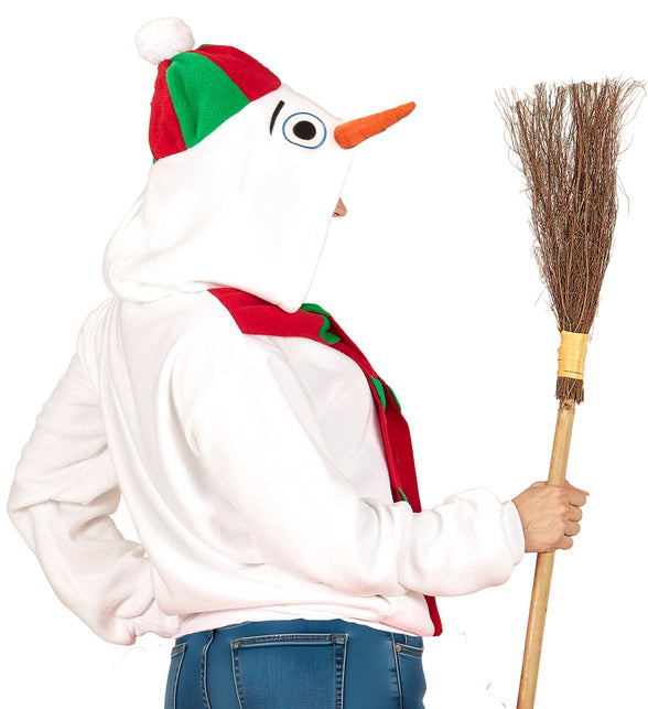 Sneeuwpop pak unisex van achter en zijkant, capuchon met oranje wortelneus en witte pompon
