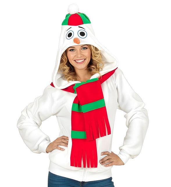 Sneeuwpop pak unisex op een dame, kap met grote ogen en rood-groen kapje met witte pompon