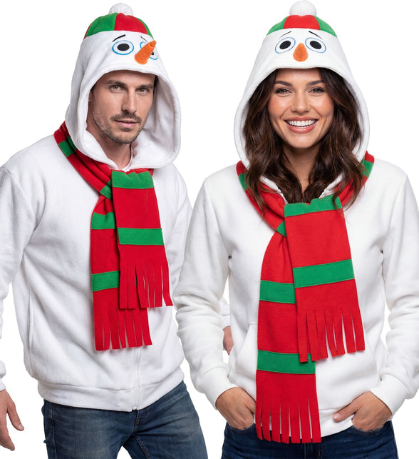 Sneeuwpop pak unisex voor dames en heren, witte capuchonjas met wortelneus en rood-groene sjaal
