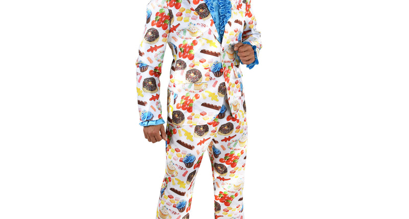 Snoep kleurrijk kostuum heren, witte jas en broek met print van donuts, cupcakes en gombeestjes voor carnaval