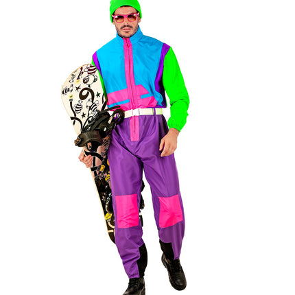 Snowboarder kostuum Otto op man, paarse broek met roze knievlakken en witte riem