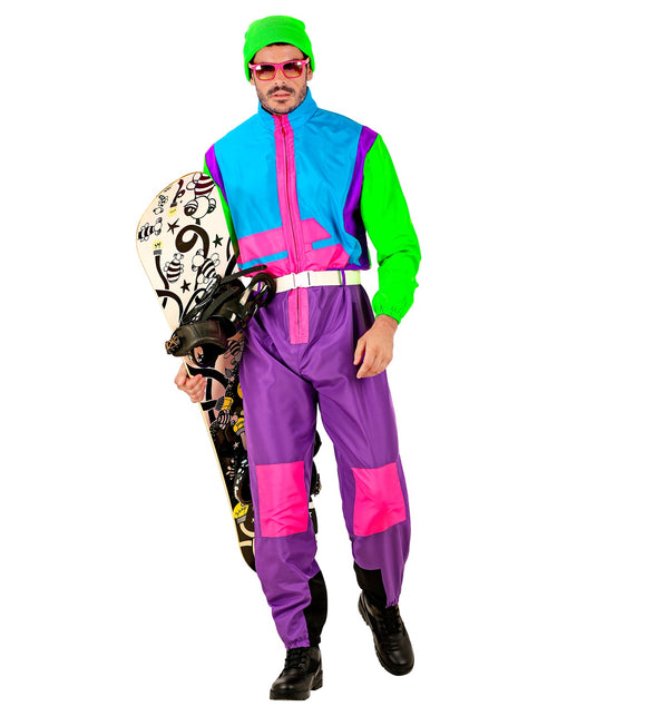 Snowboarder kostuum Otto op man, paarse broek met roze knievlakken en witte riem