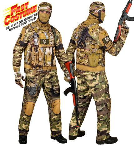 Soldaat kostuum Leo voor heren met camouflagejas, broek met kniebeschermerprint, handschoenen en masker