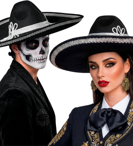 Sombrero El Charro gedragen door dame en heer bij Dia de los Muertos-look