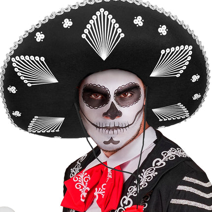 Sombrero Noah Mexico bij Day of the Dead-schedelschmink, met zwart koord onder de kin
