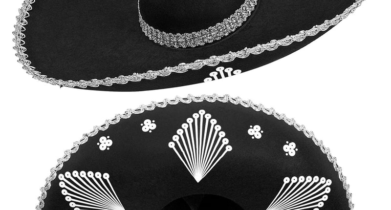 Sombrero Noah Mexico zwart met zilveren rand, boven- en onderaanzicht met witte waaiers onder de rand