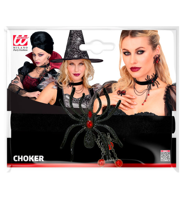 Spinnen choker in verpakking, zwarte halsband met glanzende spin voor Halloween