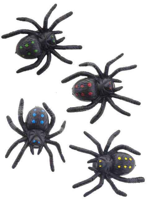 Spinnen set voor Halloween met vier zwarte spinnen van 6 cm met groene, rode, blauwe en gele stippen