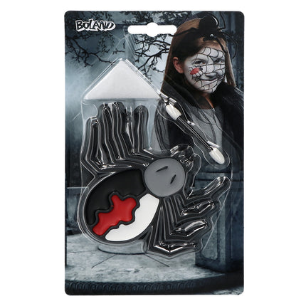 Spinnenkind schminkset in spinvorm met zwarte, rode en witte vetschmink, spons en applicator voor Halloween