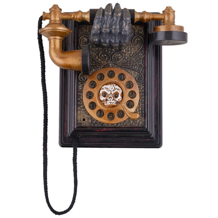 Spook telefoon animatronic, antieke wandtelefoon in goud en donkerbruin met skelethand en schedel in de kiesschijf