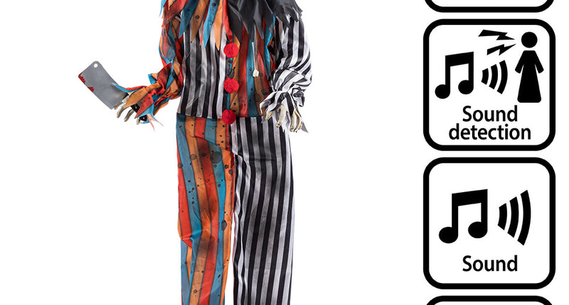 Staande decoratie Clown Butcher met hakmes en oranje lichtgevende ogen, halloweendecoratie met licht, geluid en beweging