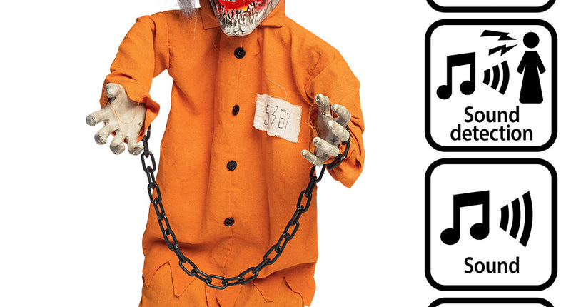 Staande decoratie Death prisoner met rode LED-ogen en ketting, met pictogrammen voor licht, geluid, sensor en beweging