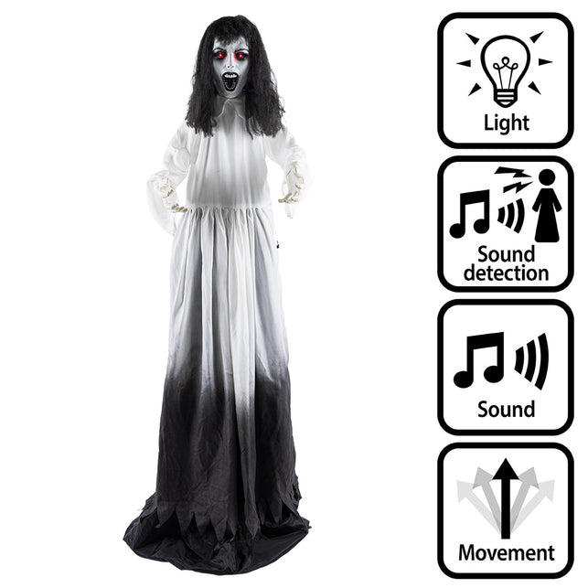 Staande decoratie Ghost widow pop-up met rode ledogen en wit-zwarte jurk voor Halloween
