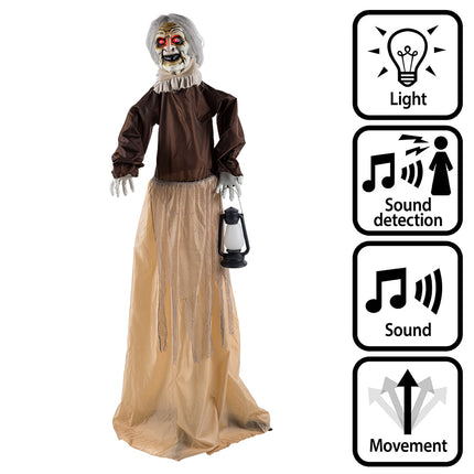 Staande decoratie Lantern witch 165 cm met rode ogen en lichtgevende lantaarn voor Halloween