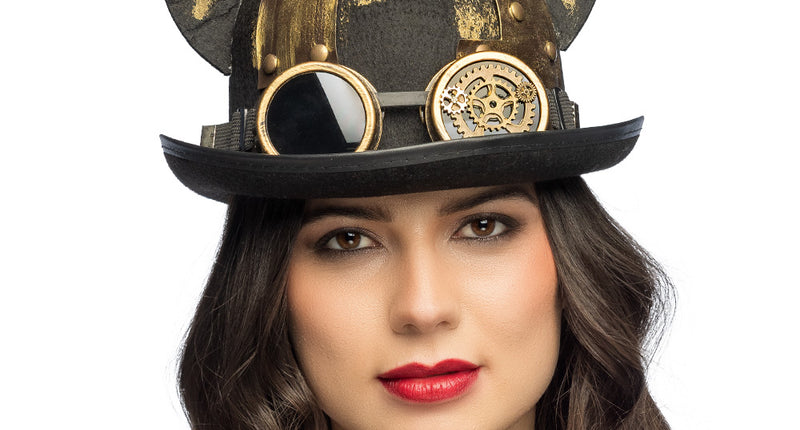 Steampunk hoed Steamcat zwart met kattenoren en goudkleurige stofbril met tandwielen, vooraanzicht