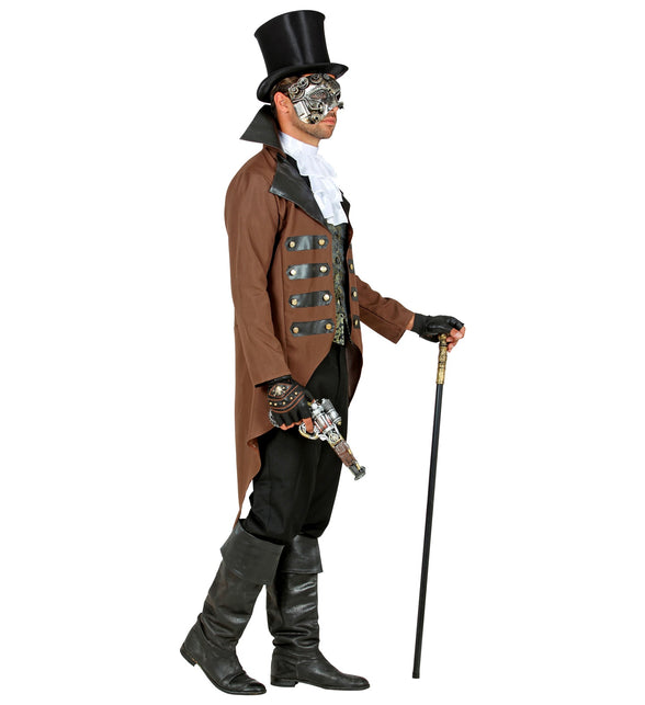 Steampunk pak heren Berry van de zijkant, met hoge staande kraag en lang uitlopend pand