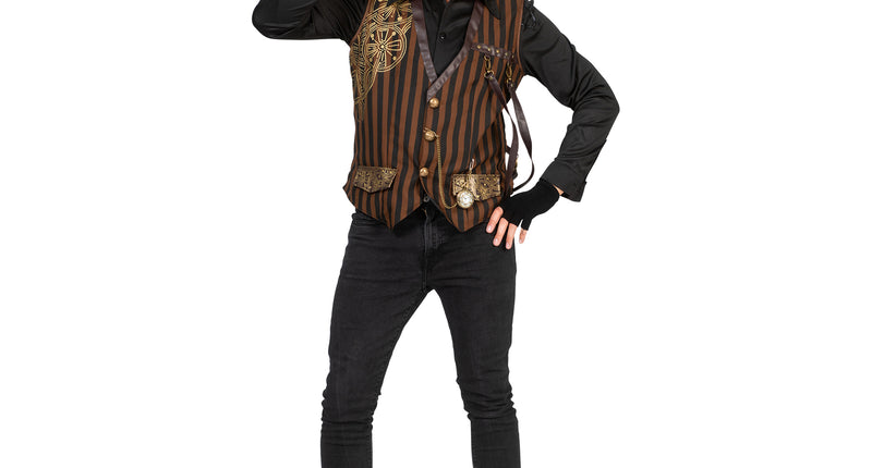 Steampunk pak Stanley gilet in bruin met zwarte strepen en gouden tandwielprint, voor heren