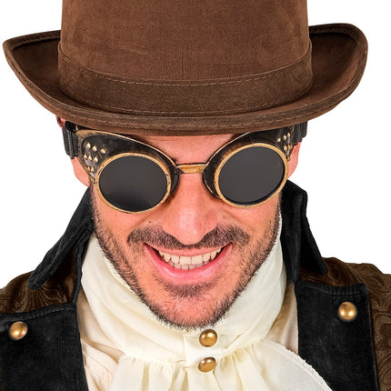 Steampunk stofbril antiek goud detail: goudkleurige rand rond twee ronde rookglazen