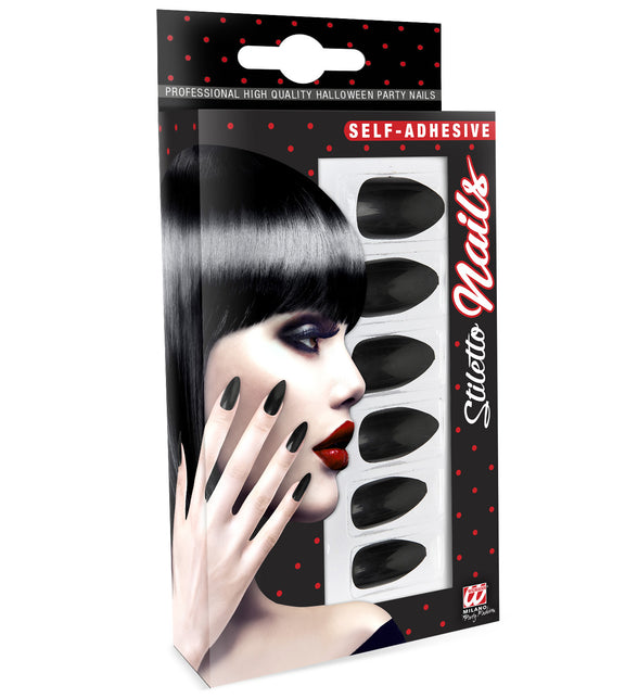 Stiletto nagels zwart in verpakking met zelfklevende zwarte plaknagels voor Halloween