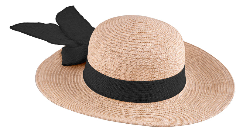 Strohoed dames met band in natuurbeige, brede slappe rand en zwarte stoffen band met strik