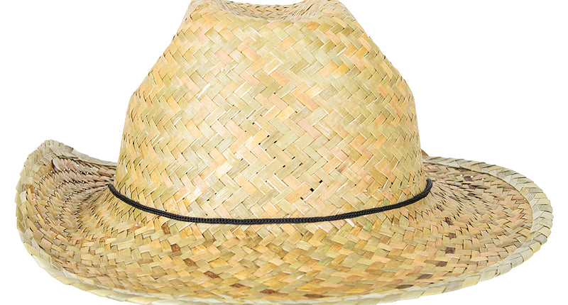 Strohoed Texas ranger naturel met ingedeukte bol, brede rand en zwart koord, voor een westernfeest